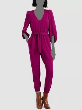 INC International Concepts Fuchsia Zip-Front Tie-Waist Jumpsuit